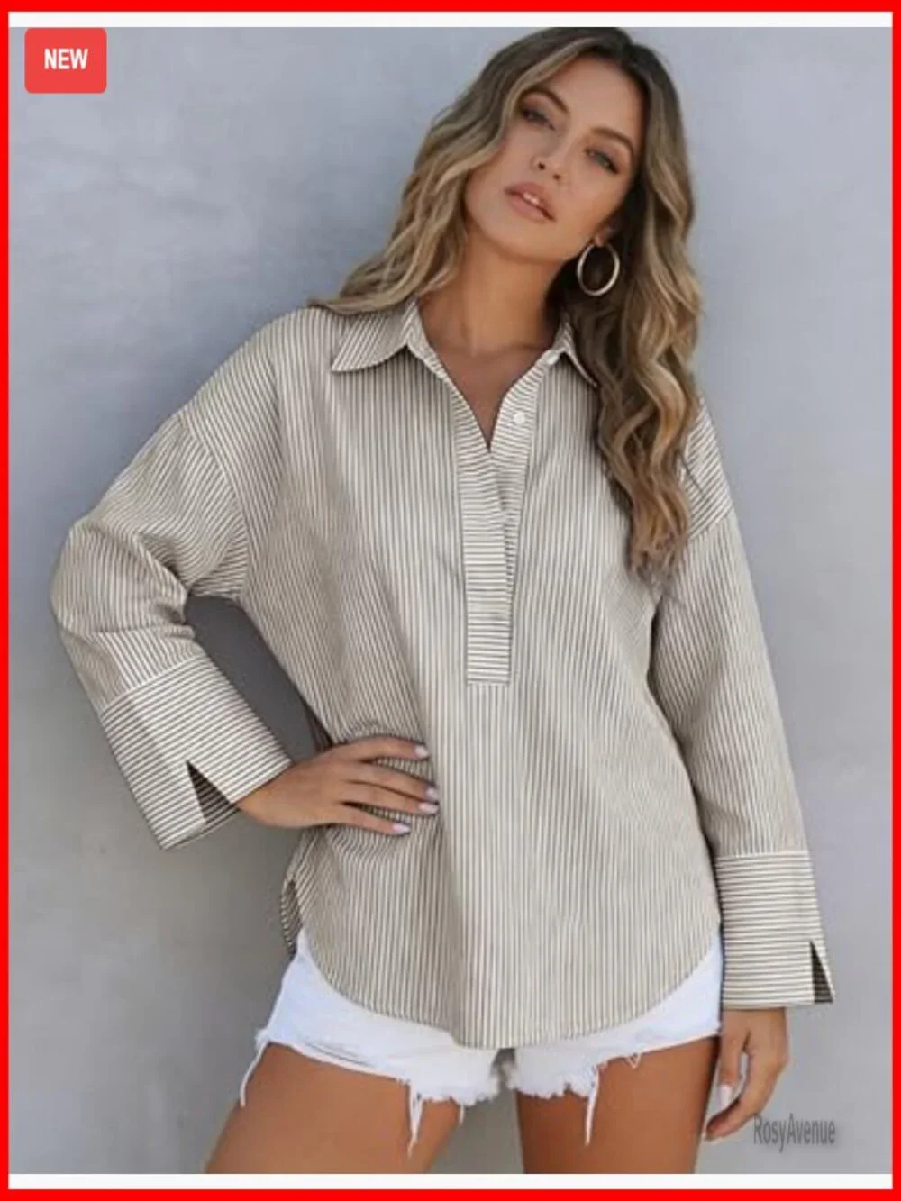Oversized Striped Button Down Henley Shirt Long Sleeve Blouse - Picture 4 of 7